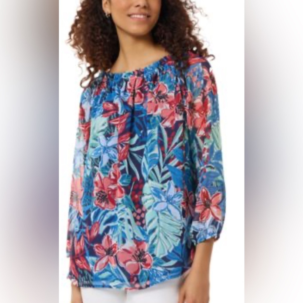 Jones New York Tropical Floral Blouse - Blue and Red over size M could fit L